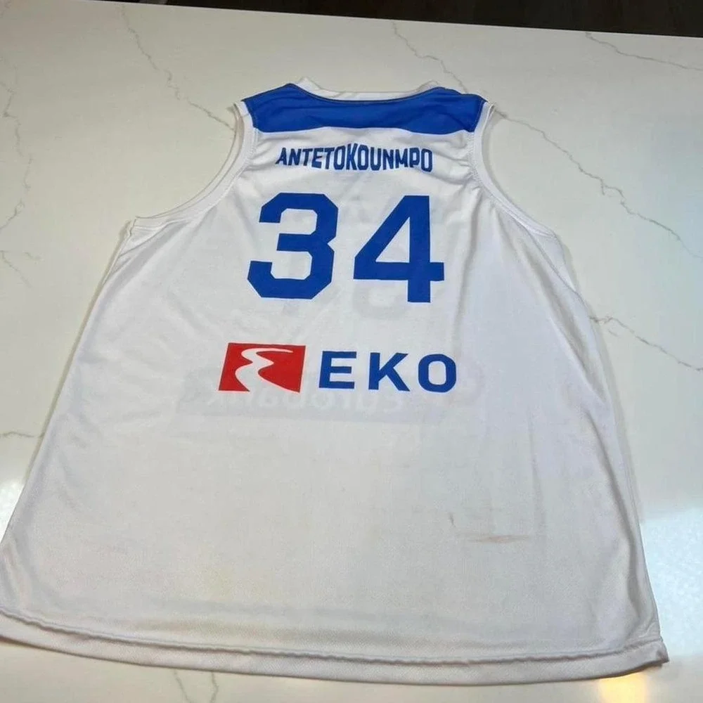 Greece Basketball Jersey Mens Giannis Antetokounmpo 34 White Blue Mesh L